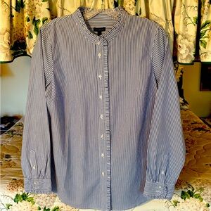 Talbots Ruffled Band Collar and Front, Blue and White Pinstripe Shirt. Size Med.